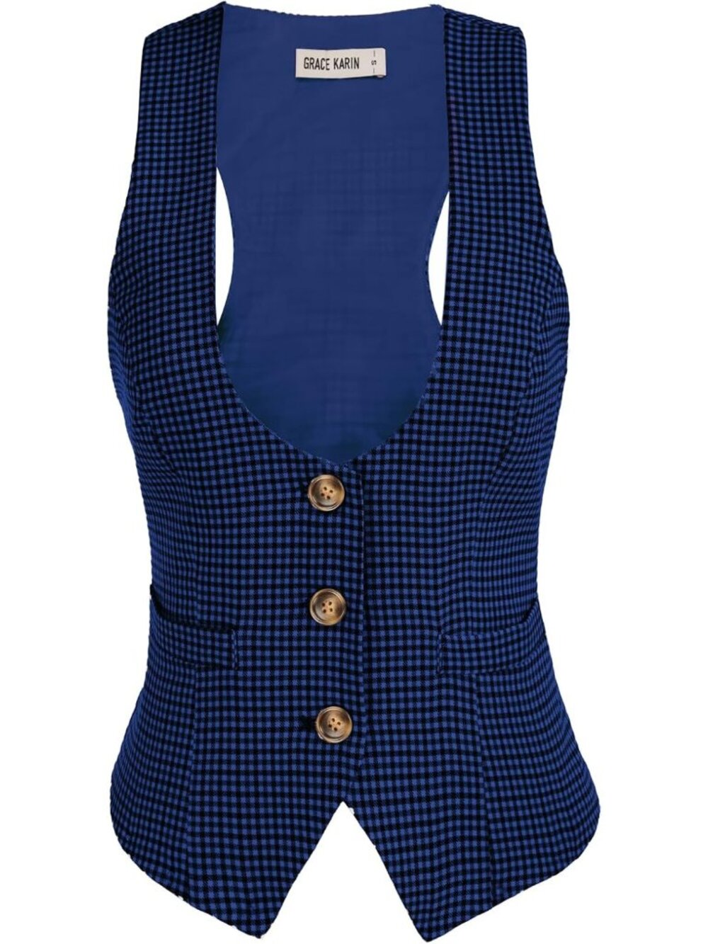 Women's Blue Plaid Dressy Casual Sleeveless Button Waistcoat Suit Vest Tops